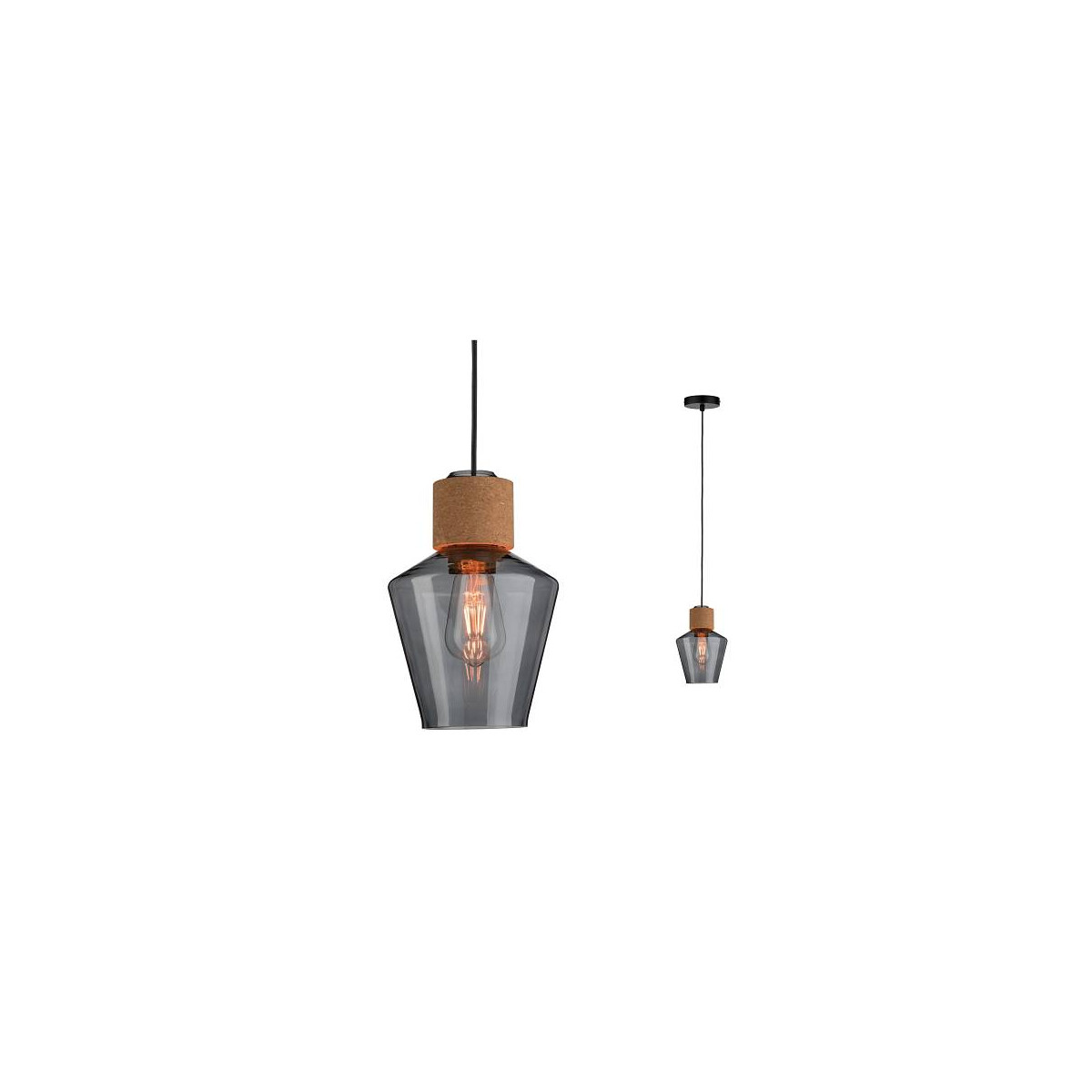 Neordic Pendelleuchte Edla E27 max. 20W Rauchglas Kork Schwarz dimmbar Glas Kork Metall