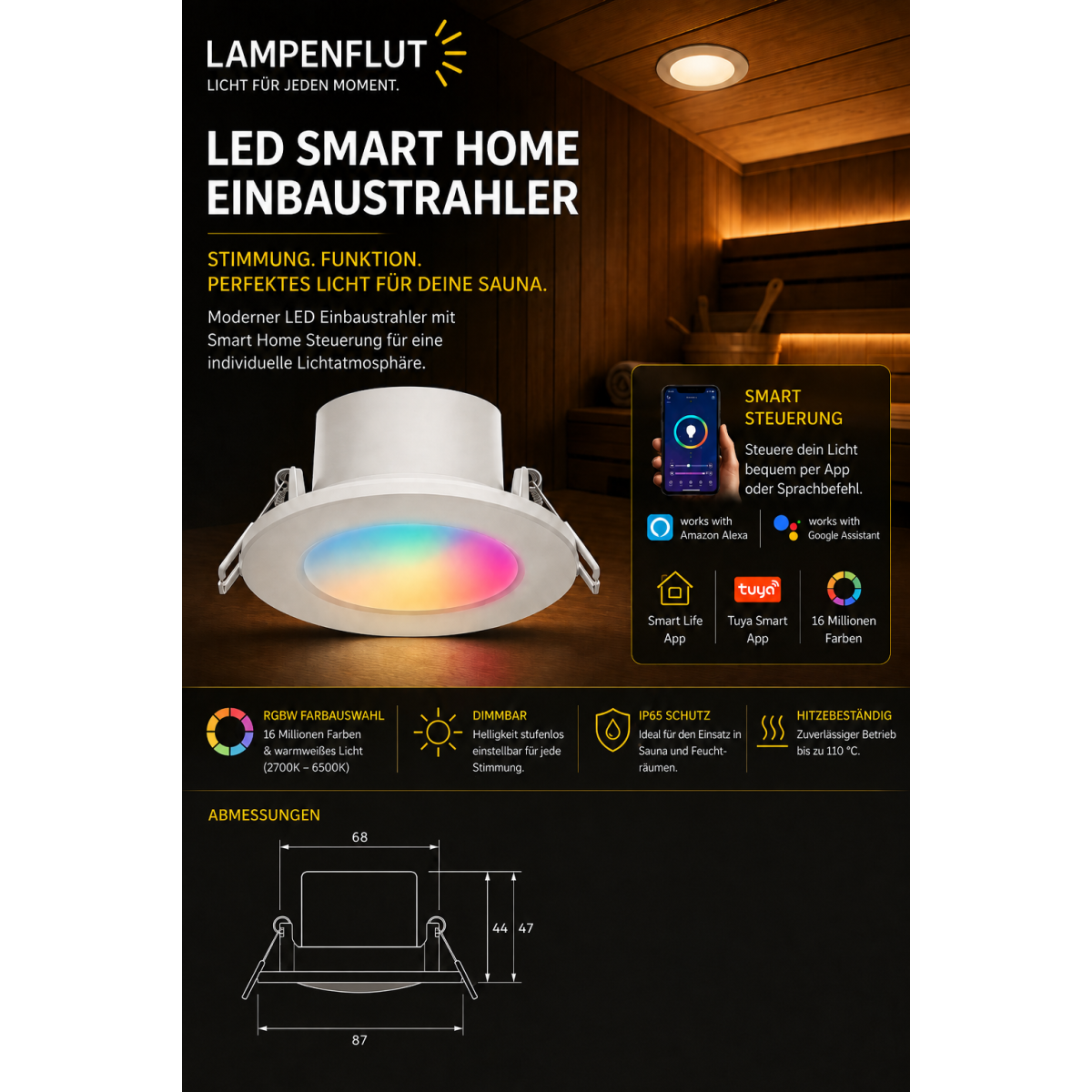 Sauna Smart Home Einbaustrahler Saunawelten RGBAW IP65