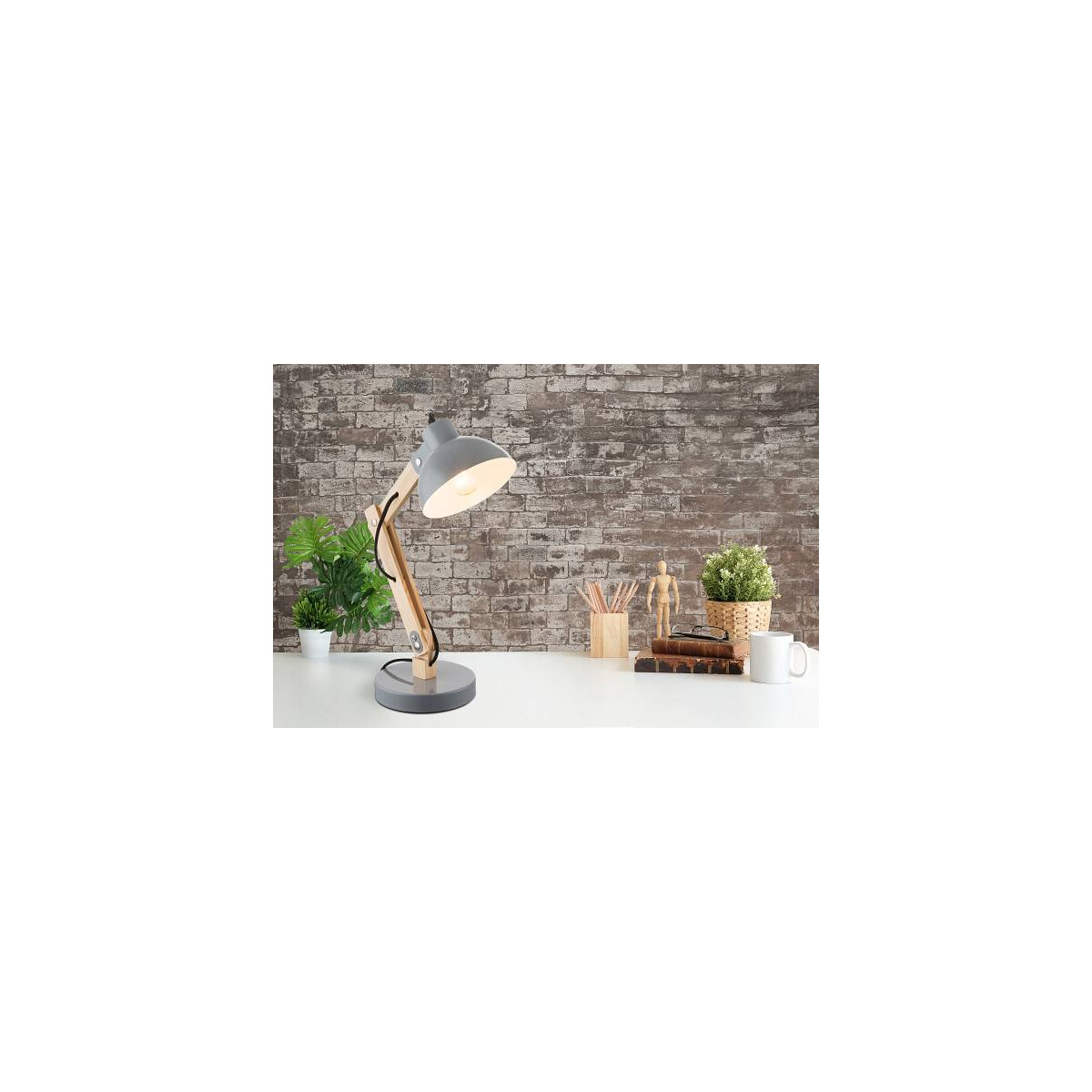 Globo Schreib Tisch Lampe Leuchte Holz Metall Grau Kabel 1,5 m Schlaf Zimmer Büro, 21503