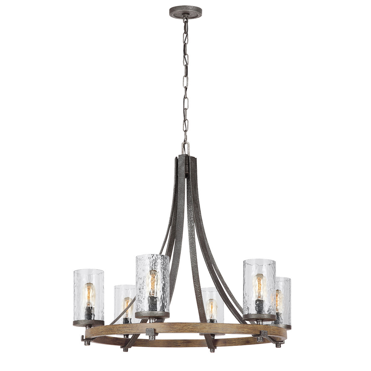 5024005388715 - Elstead - Lighting QN-ANGELO6 quintiesse Kronleuchter Angelo E27 6x40W Stahl Eiche verwittert & Metall schiefergrau Wellenglas klar H594cm Ø772cm