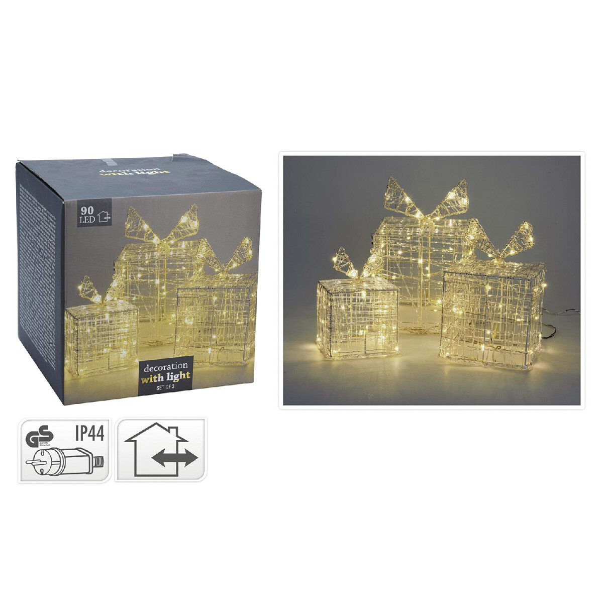 8719202613247 - ECD Germany LED Geschenkboxen - 3er Set mit 90 LEDs Warmweiß aus Metall Strombetrieben IP44 Wasserdicht Innen Außen Weihnachtsdeko Weihnachten
