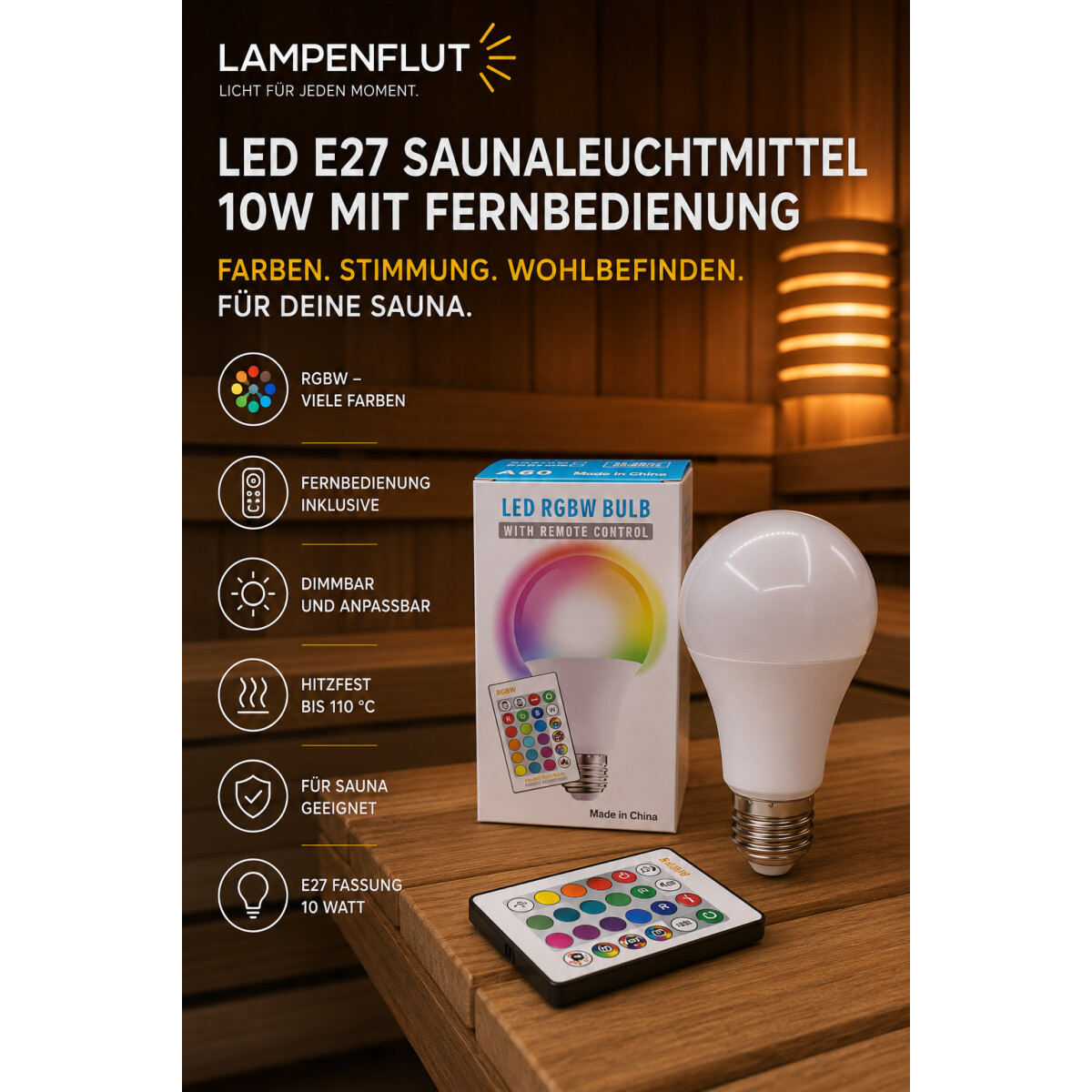 LED Sauna RGB 800lm Leuchtmittel E27 10W mit Fernbedienung