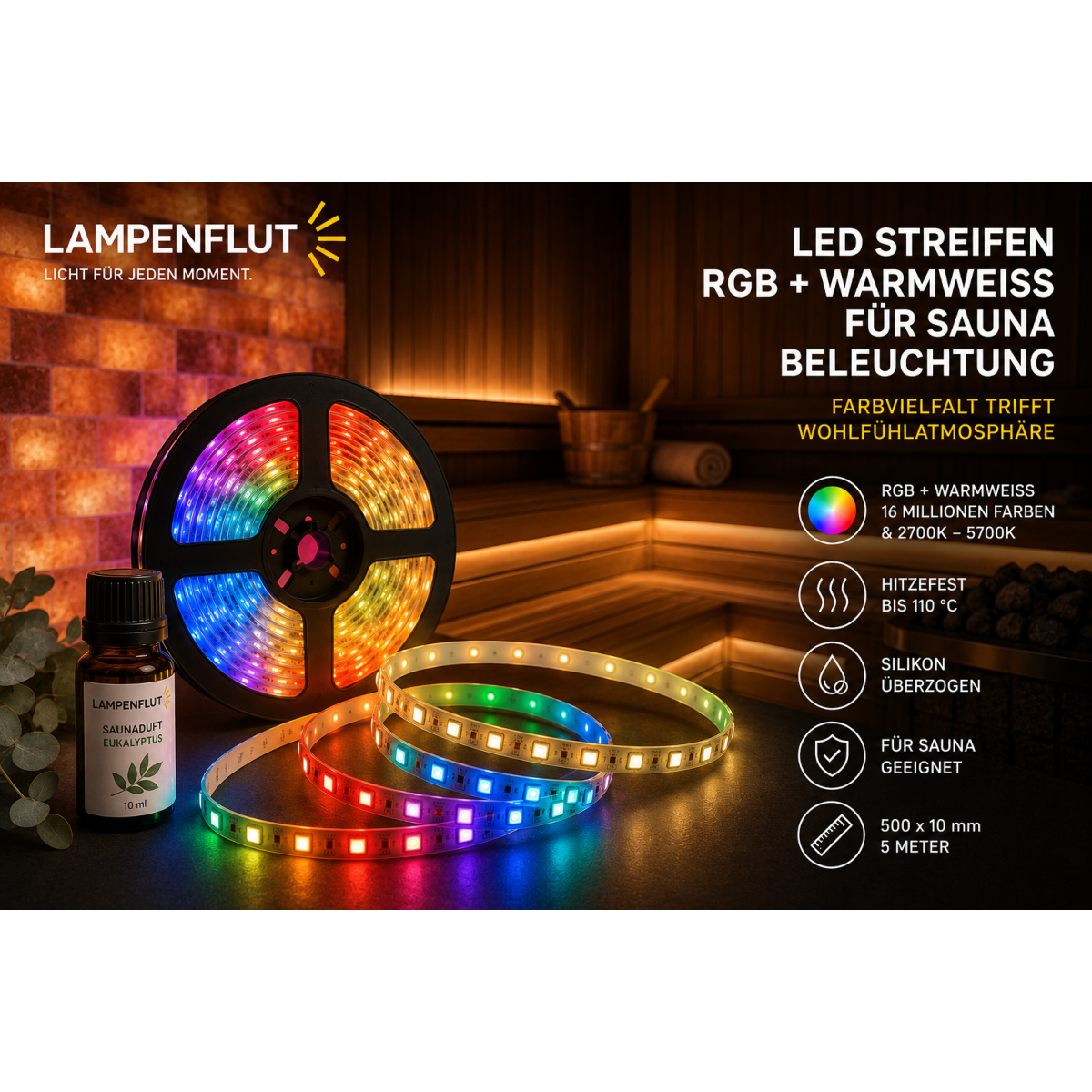 12V RGBW LED Sauna Strips inkl. weiss 5m + Saunaduft