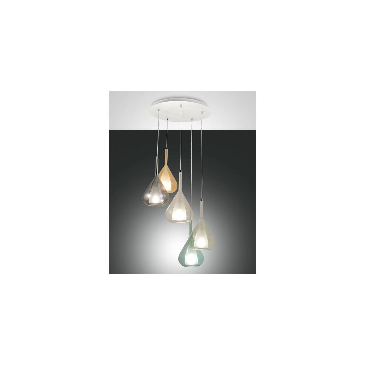 Fabas Luce Lila Pendelleuchte E27 5x40W Metall weiss und fünf Borsilikatgläser in verschiedenen Farben Amber grau transparent azurblau transparent