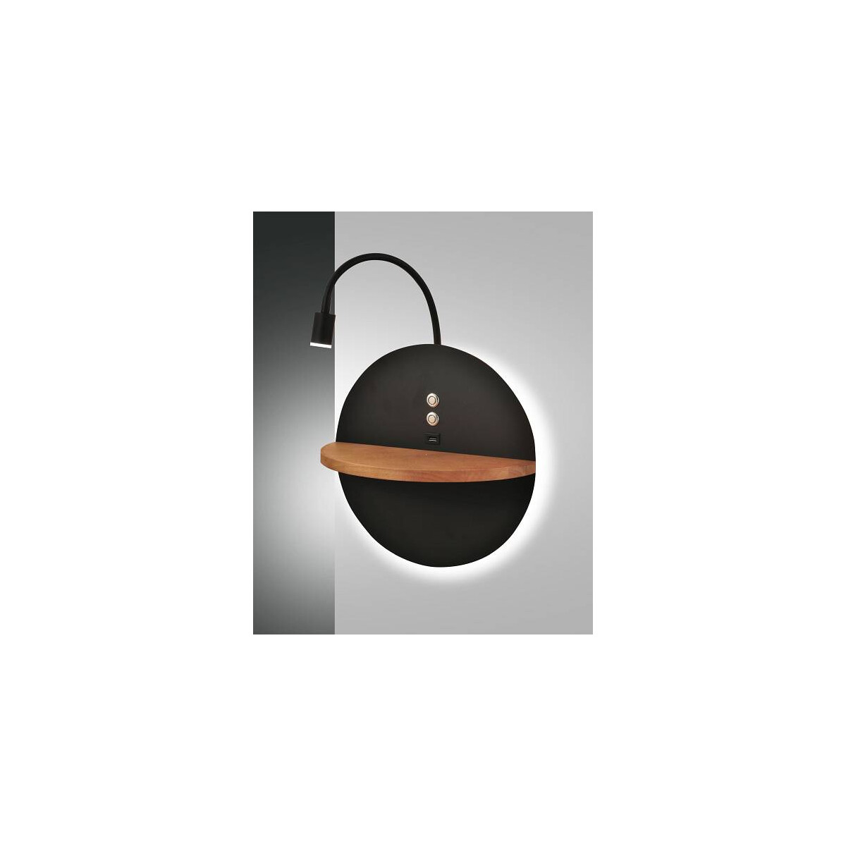 Fabas Luce Dual Wand-Leseleuchte LED 1x9W (Backligt) und 1x65W (Leselicht) Metall schwarz und Eichenholz