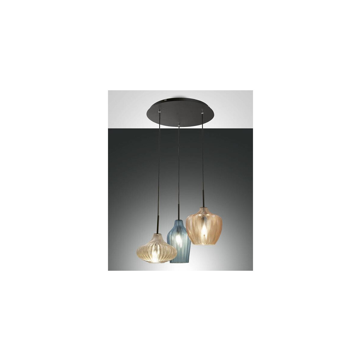Fabas Luce Olbia Pendelleuchte E27 3x40W Metall und geblasenes Glas Amber Azurblau und champagner
