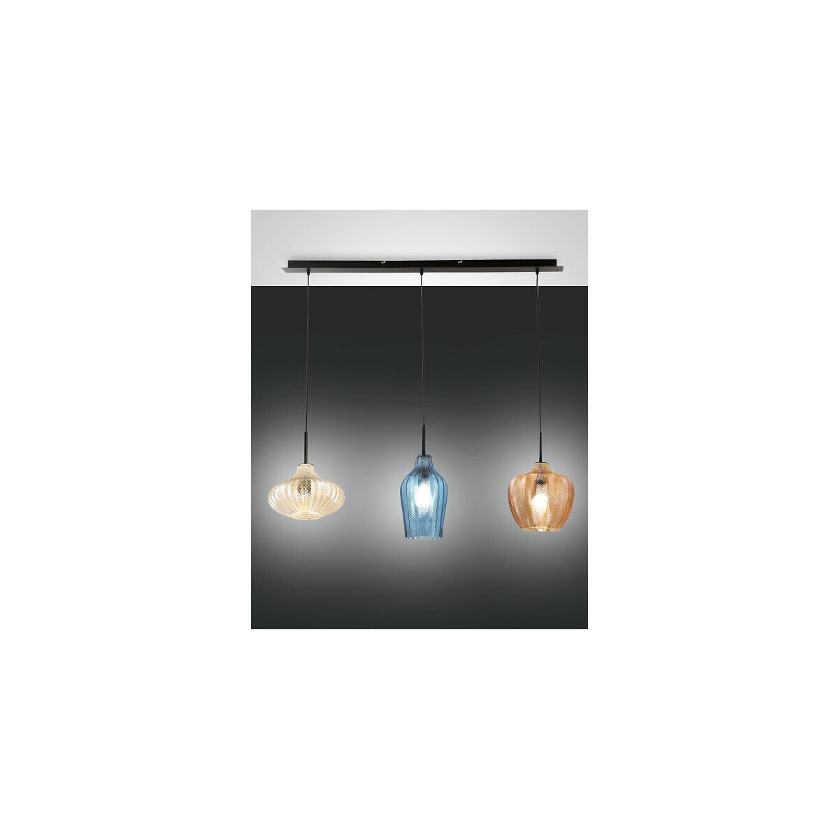 Fabas Luce Olbia Pendelleuchte E27 3x40W Metall und geblasenes Glas Amber Azurblau und champagner