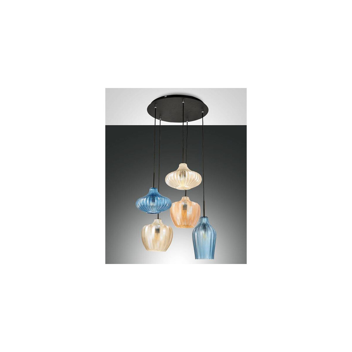 Fabas Luce Olbia Pendelleuchte E27 5x40W Metall und geblasenes Glas Amber Azurblau und champagner